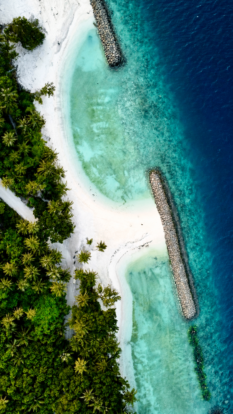 Aerial view of Dharavandhoo's beach, lagoon and reef edge