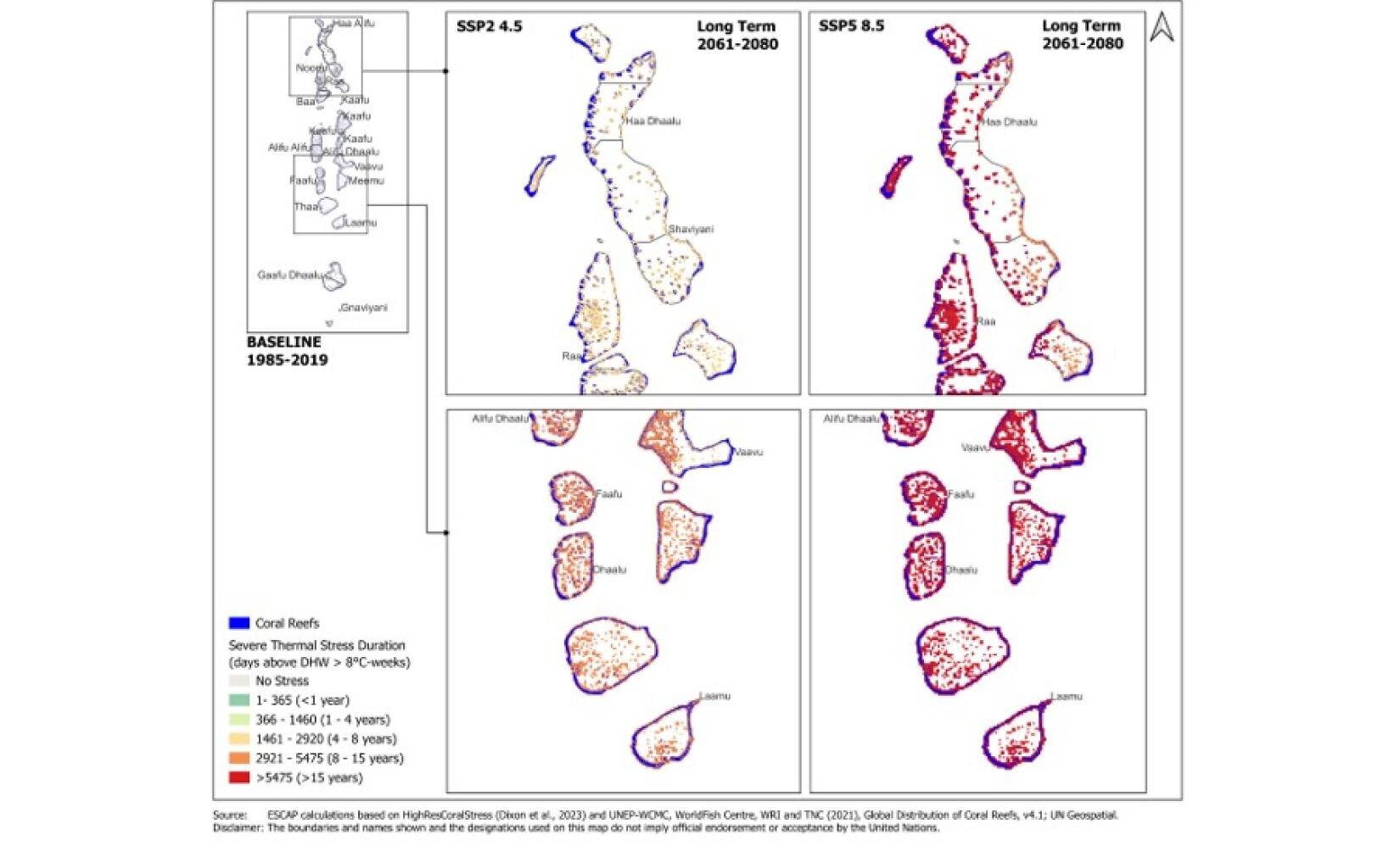 Map projecting long-term coral reef heat stress across the Maldives under two climate scenarios